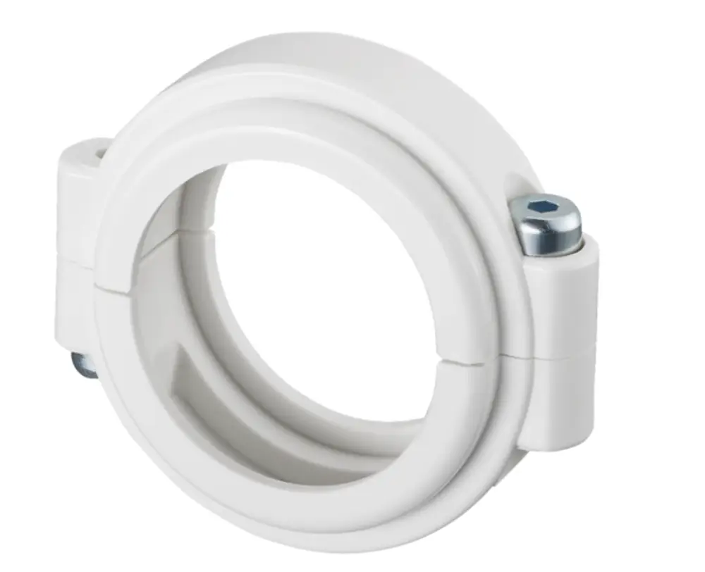 Diebstahlsicherung von Oventrop für Thermostate. Weißes, ringförmiges Produkt mit seitlichen Halterungen und Schrauben zur Befestigung.